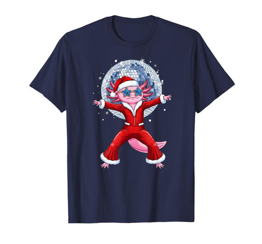 Disco Axolotl Christmas Santa Suit Funny Holiday 70s 80s T-Shirt