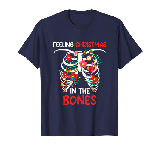 Feeling Xmas in Bones Colorful Lights Floral Xray Skeleton T-Shirt