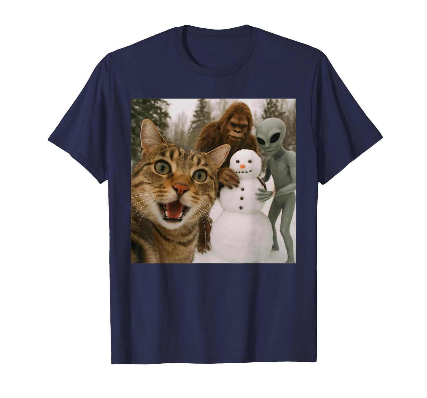 Funny Christmas Cat Selfie with Bigfoot Alien & Snowman T-Shirt