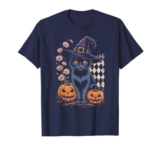 Cute Witch Cat Halloween Pumpkin Floral Aesthetic Tee T-Shirt