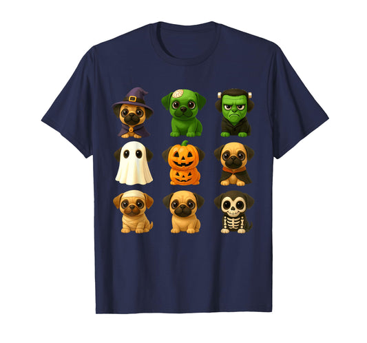 Cute Pug Dogs Witch Pumpkin Skeleton Costume Happy Halloween T-Shirt