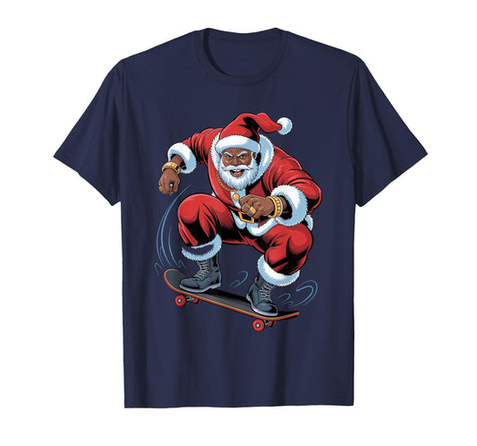 Santa Skateboarding African American Funny Holiday Christmas T-Shirt