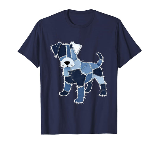 Cute Dog Denim Patchwork Art Design T-Shirt
