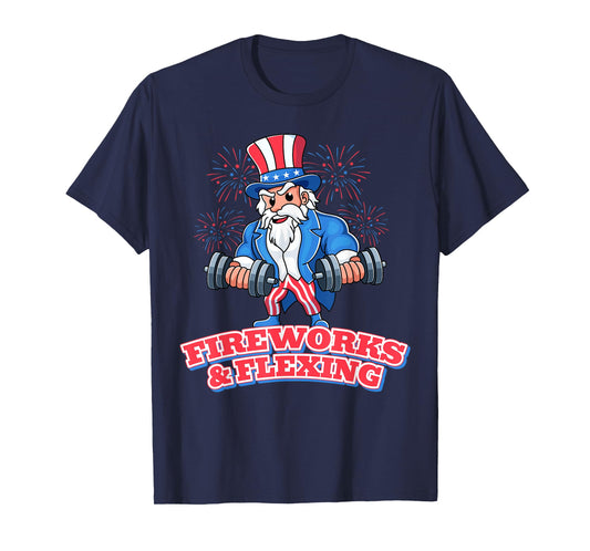 Fireworks & Flexing July 4th Gym Workout Lifting Pun Funny T-Shirt