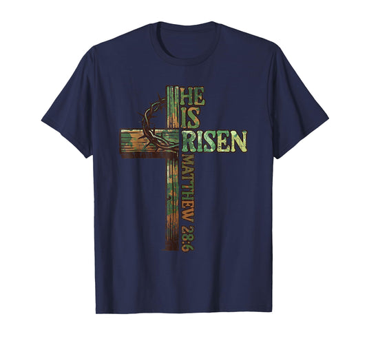 Vintage Camo Cross He Is Risen Jesus Christian Religious T-Shirt