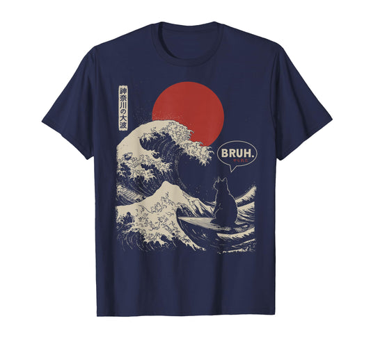"BRUH." The Great Wave Kanagawa Funny Japanese Surfing Cat T-Shirt