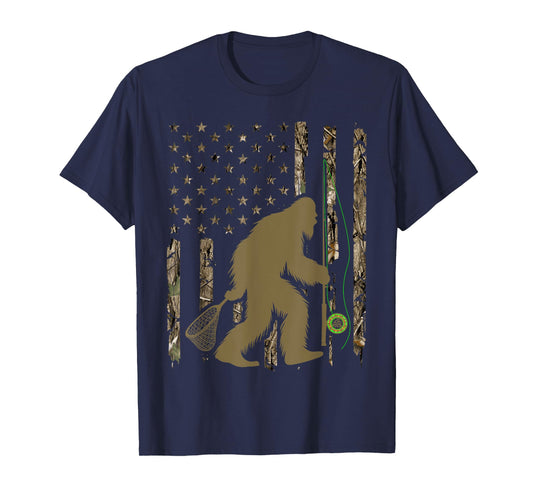 Bigfoot Fly Fishing Sasquatch American Flag Tree Camouflage T-Shirt for Women Men