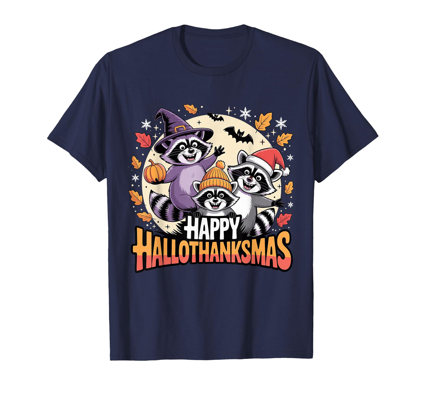 Happy Hallothanksmas Raccoon Trio Pumpkin T-Shirt