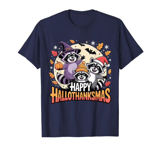 Happy Hallothanksmas Raccoon Trio Pumpkin T-Shirt