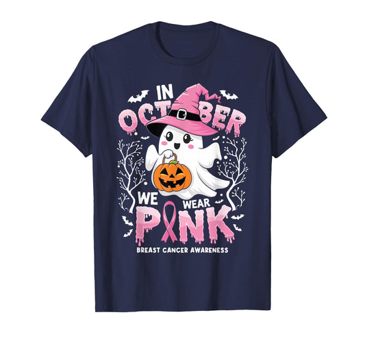 In October We Wear Pink Ghost Witch Breast Cancer Awareness T-Shirt