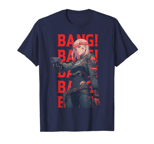 BANG! BANG! BANG! BANG! BANG! Cool Anime Girl Shooting Gun T-Shirt