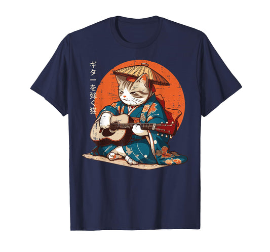 Japanese Cat Kimono Guitar Samurai Music Men Boys Kids Women T-Shirt