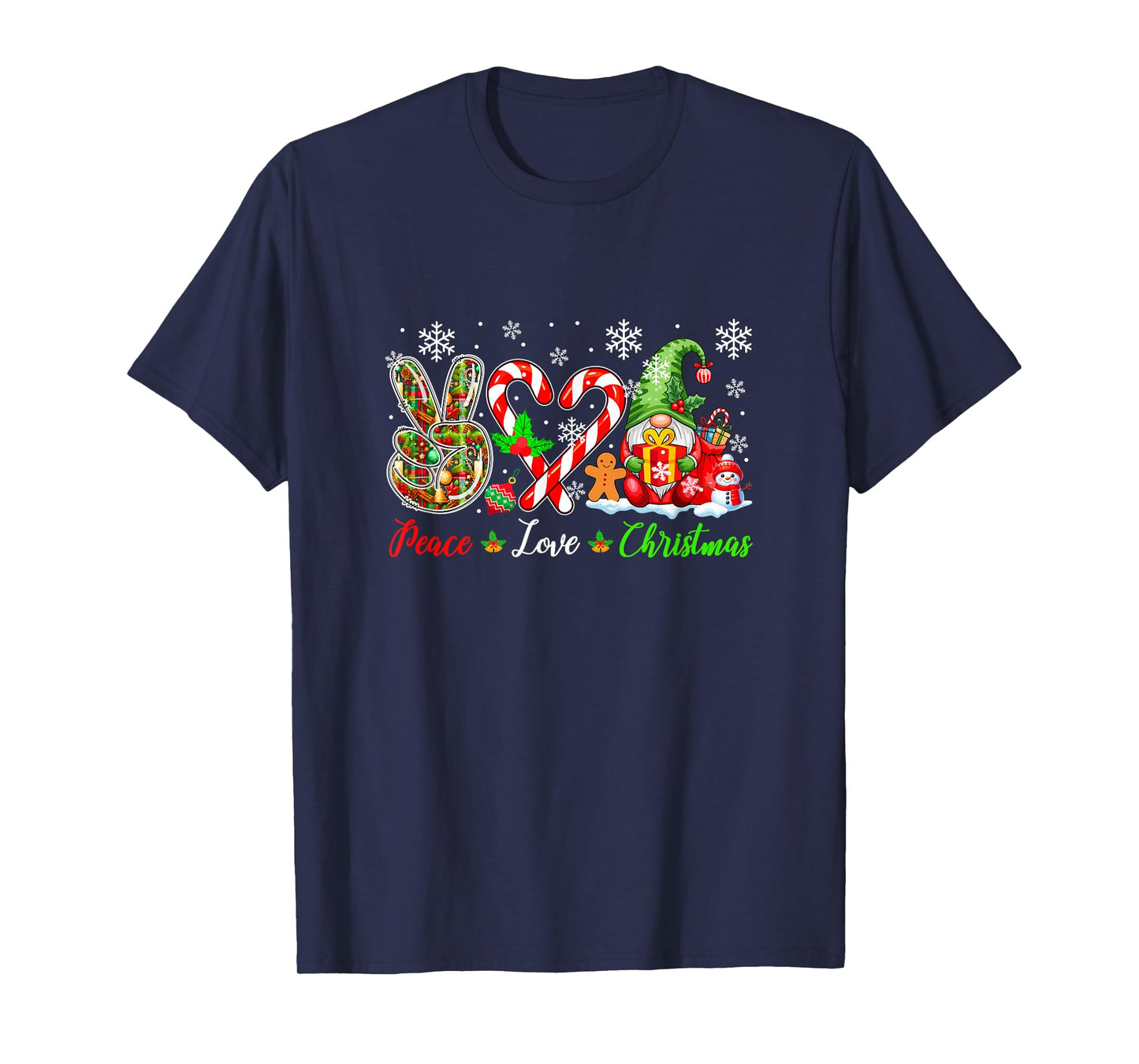 Peace Love Christmas Gnome Candy Canes Cute Heart Shape T-Shirt
