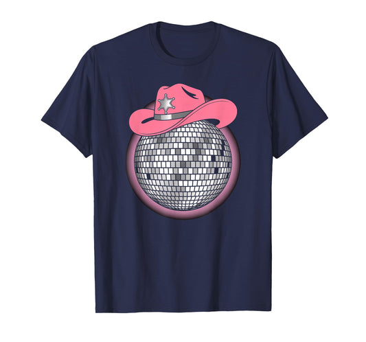 disco ball vintage pink cowboy hat discoball party woman T-Shirt