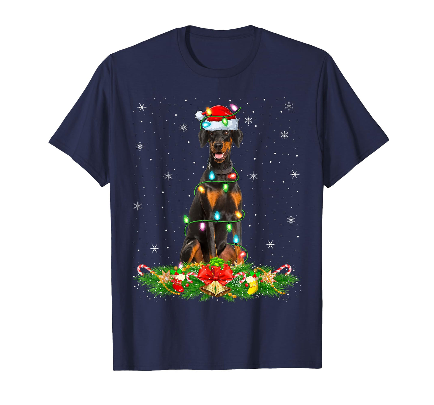Dobermann Dog Christmas Lights Funny Santa Hat Xmas T-Shirt