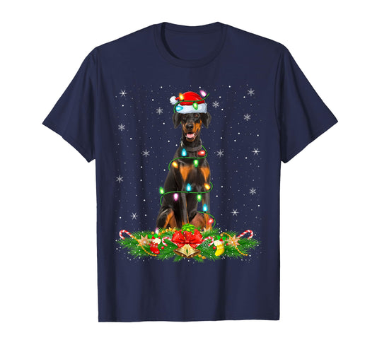 Dobermann Dog Christmas Lights Funny Santa Hat Xmas T-Shirt