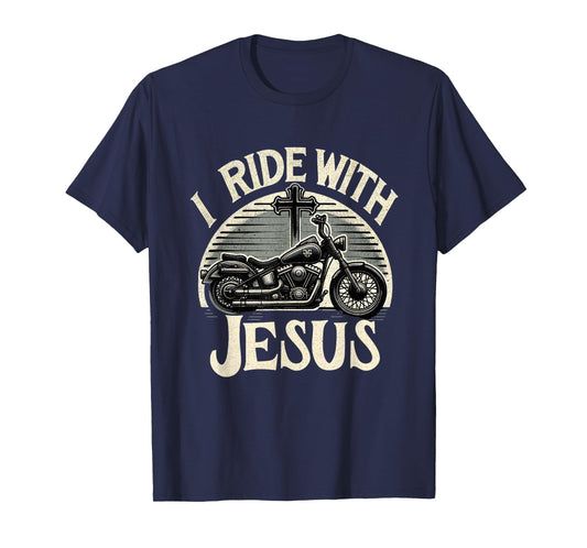 Faithful Flair I Ride With Jesus Motorcycle Christian T-Shirt, Small, Black