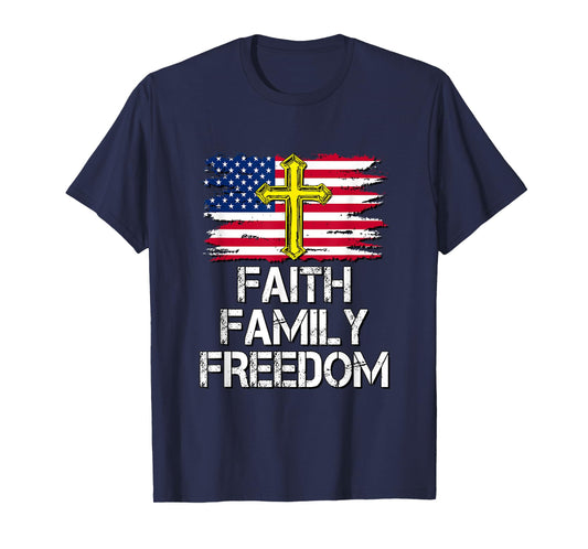Faith Family Freedom - American Flag and Cross - Distressed T-Shirt for Women Kids Men
