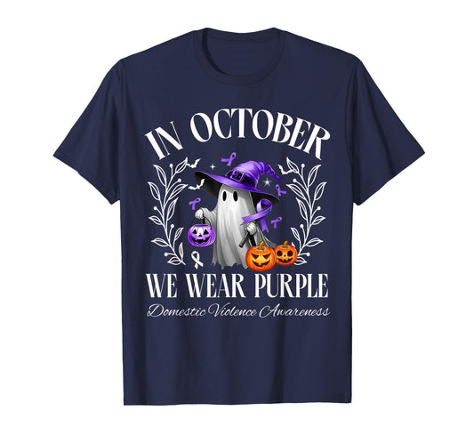 In October We Wear Purple Domestic Violence Ghost Halloween T-Shirt