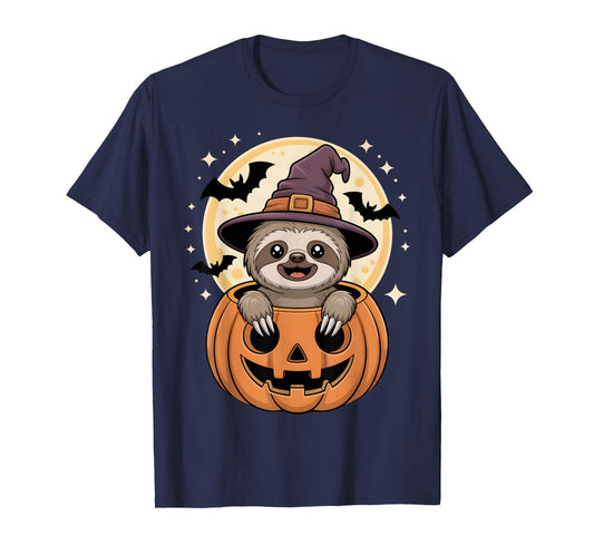 Cute Sloth Pumpkin Witch Hat Halloween Moon Bat Sloths Lover T-Shirt