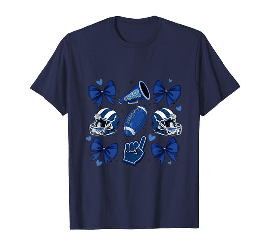 Football Cheer Mom Sister Coquette Bow Game Day Blue Women T-Shirt