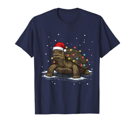 Festive Christmas Turtle with Santa Hat and Holiday Lights T-Shirt