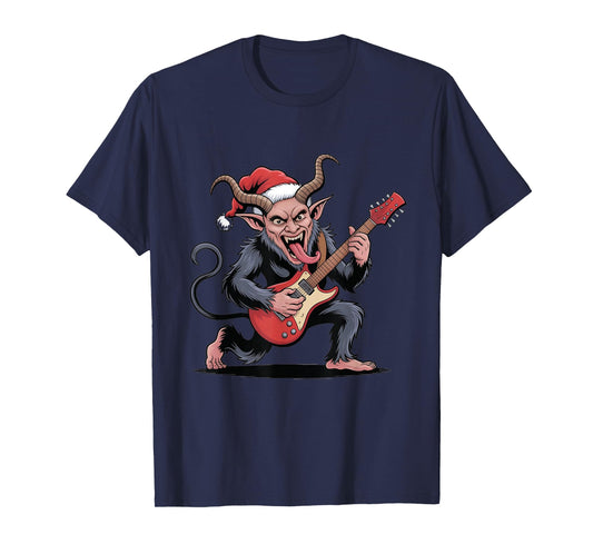 Evil Krampus Playing Guitar Electric Santa Hat Christmas T-Shirt