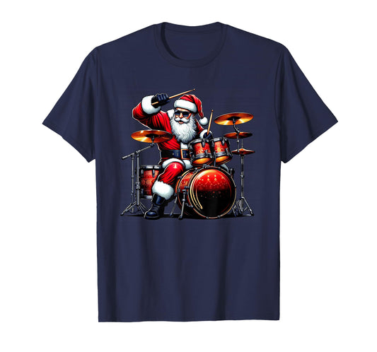 Drummer Santa Playing Drums Christmas Funny Drumming T-Shirt