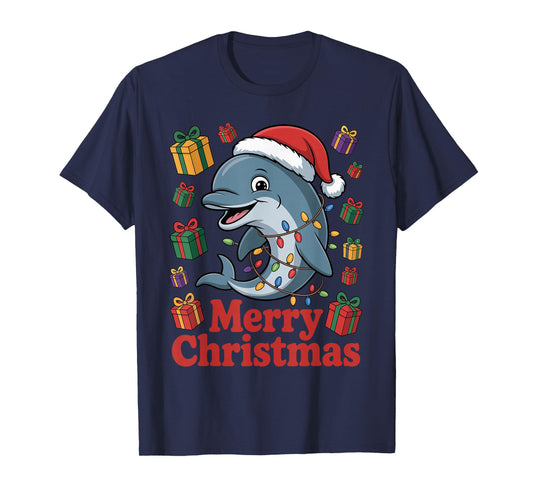 Dolphin Santa Hat Christmas Design Funny Marine Life Lovers T-Shirt