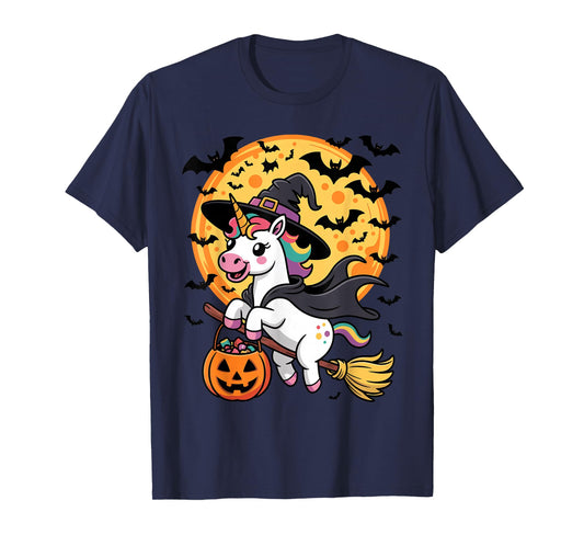 Cute Unicorn Witch Riding Broom Halloween Pumpkin Kids Boys T-Shirt