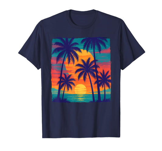 Vintage Tropical Sunset With Palm Trees Summer Beach Vibe T-Shirt