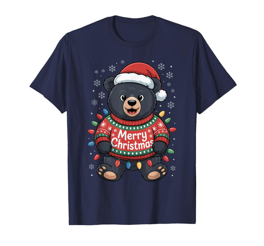 Merry Black Bear Christmas Humor Santa Hat Light Party Funny T-Shirt