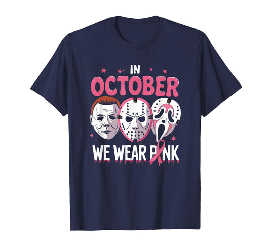 In October We Wear Pink Ghost Halloween Cancer Awareness tee T-Shirt