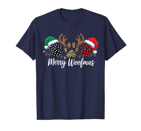 Merry Woofmas Christmas Dog Paws Buffalo Plaid Xmas Lights T-Shirt