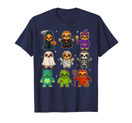 Cute Sloths Witch Pumpkin Skeleton Costume Happy Halloween T-Shirt