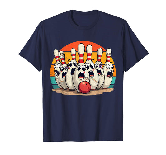 Funny Sport Bowler Scared Bowling Pins Retro Sunset Design T-Shirt