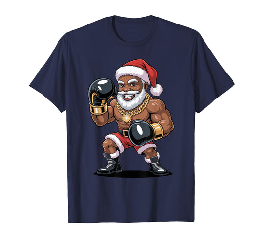 Afro Santa Boxing African American Christmas Funny Holiday T-Shirt