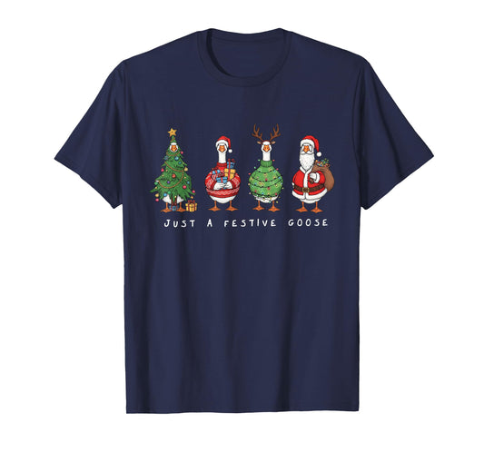 Funny Just A Festive Goose Santa Reindeers Merry Xmas Tree T-Shirt
