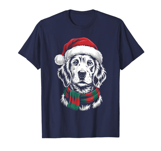 English Setter Dog Xmas Santa Hat Scarf Christmas Costume T-Shirt