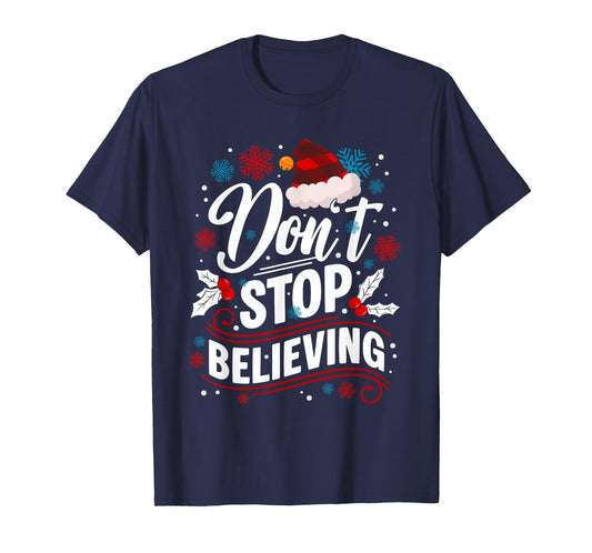 Don't Stop Believing Christmas Santa Claus Red Buffalo Plaid T-Shirt