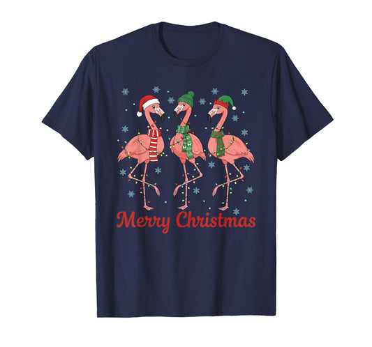 Merry Christmas Pink Flamingo Santa Hat Matching Family Xmas T-Shirt
