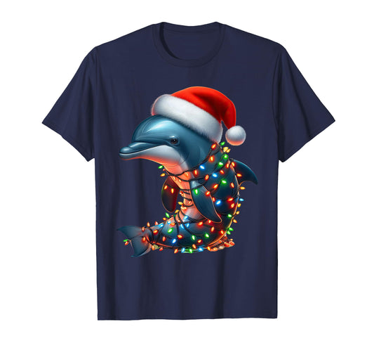 Dolphin Christmas Lights Funny Santa Hat Merry Xmas T-Shirt