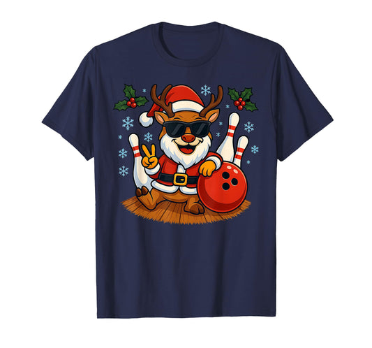 Cute Santa Reindeer Bowling Christmas Funny Holiday Vibes T-Shirt