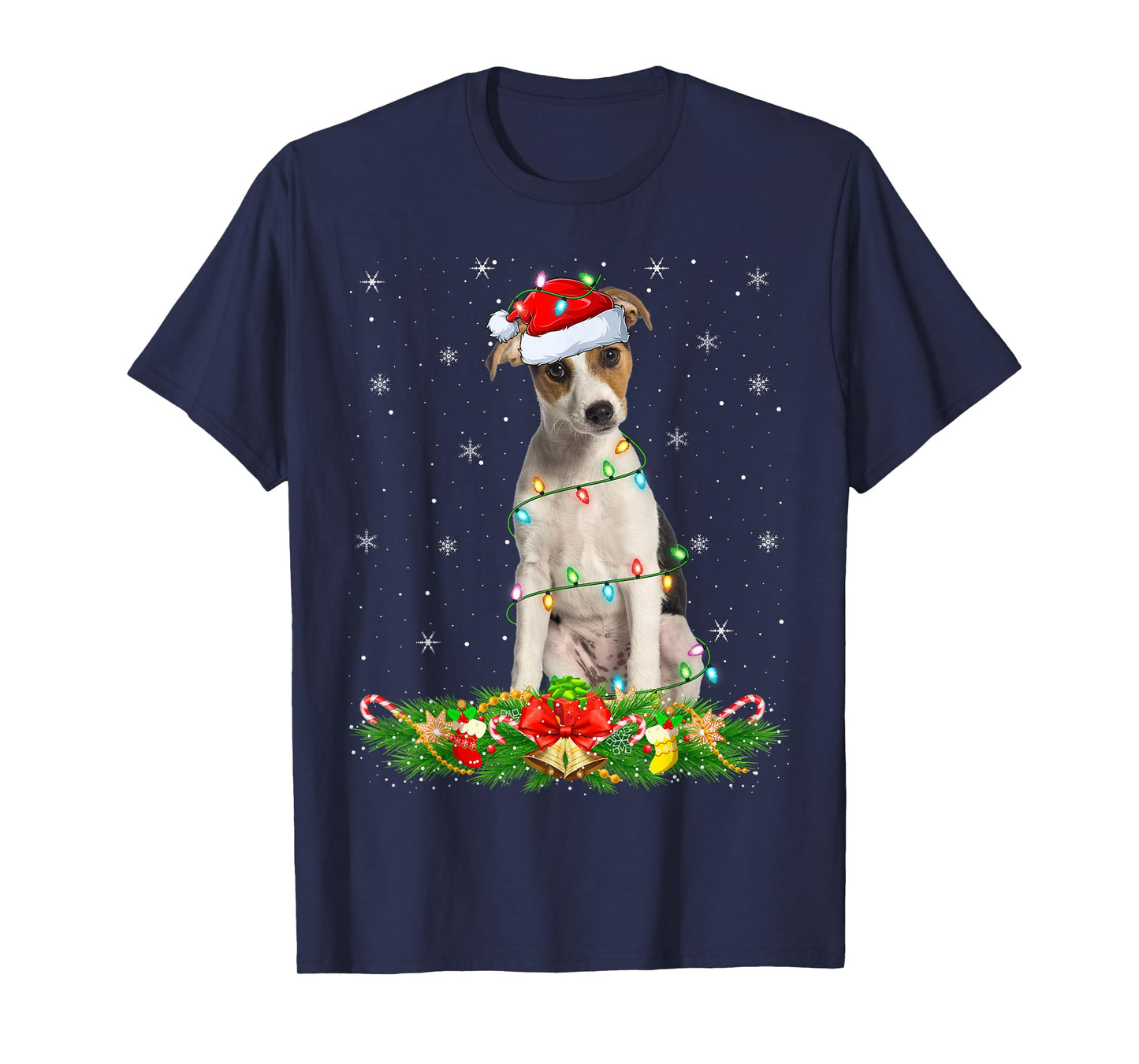 Fox Terrier Dog Christmas Lights Funny Santa Hat Xmas T-Shirt