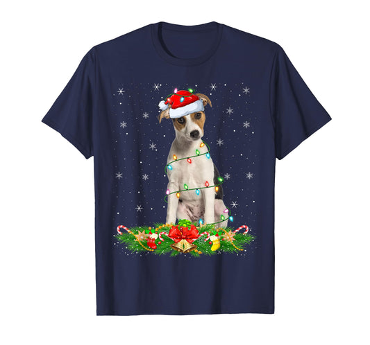 Fox Terrier Dog Christmas Lights Funny Santa Hat Xmas T-Shirt