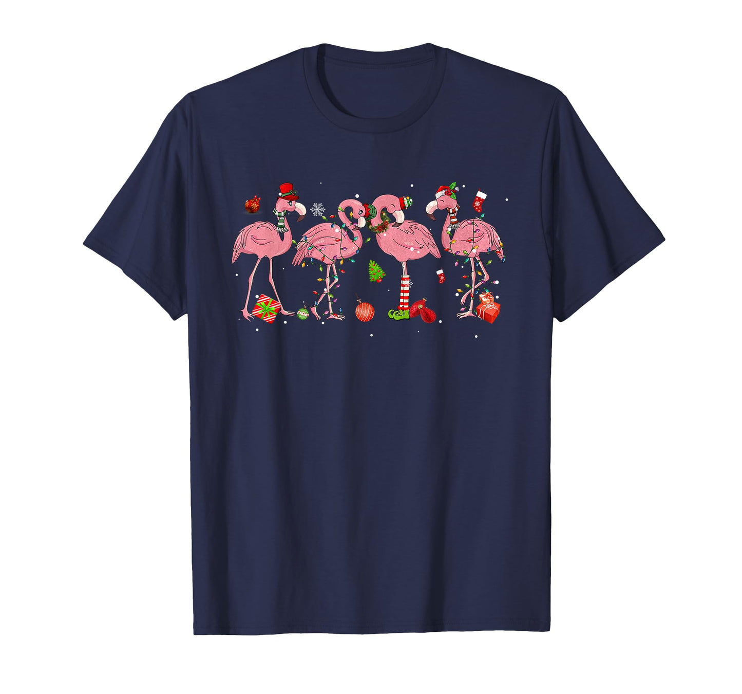 Pink Flamingo Hat Santa Merry Christmas Lights Womens Girls T-Shirt