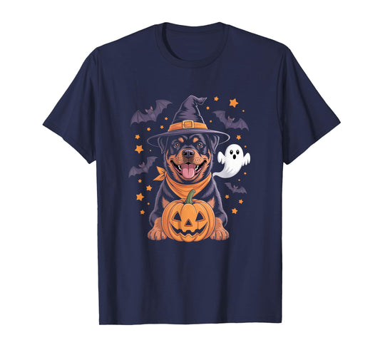 Cute Rottweiler Witch Halloween Pumpkin and Ghost T-Shirt