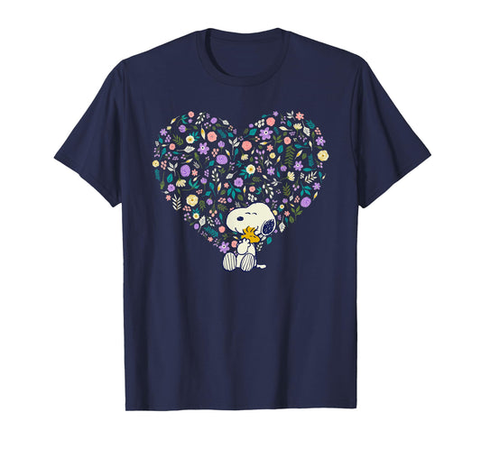 Peanuts Snoopy & Woodstock Hug Floral Heart T-Shirt