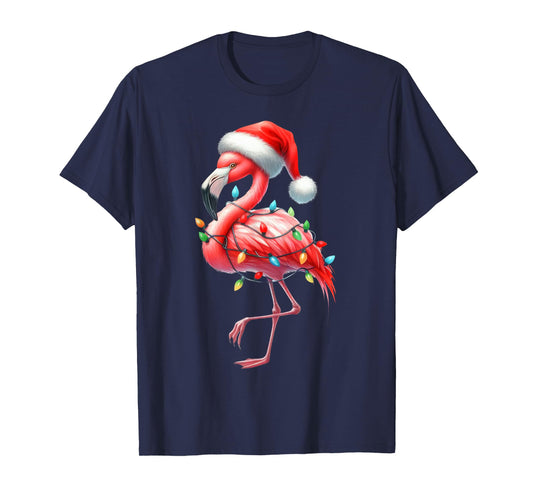 Flamingo Christmas Lights Funny Santa Hat Merry Xmas T-Shirt