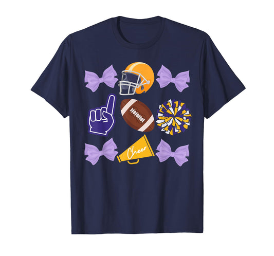 Coquette Bow Football Purple Gold Game Cheer Mom Touchdown T-Shirt